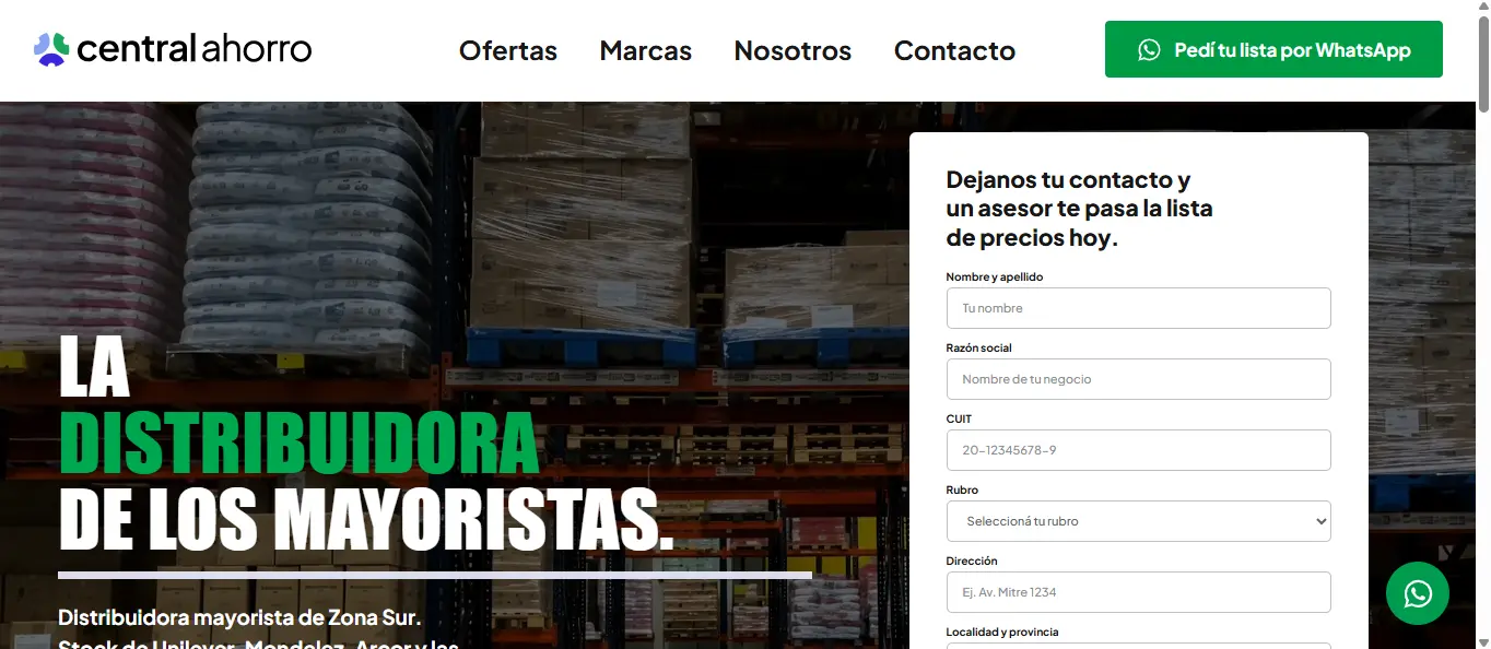 Sitio web de Central Ahorro, distribuidora mayorista